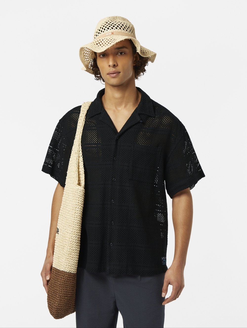 Scotch & Soda Men's Black Crochet Short-Sleeved Relaxed-Fit Shirt Size Large